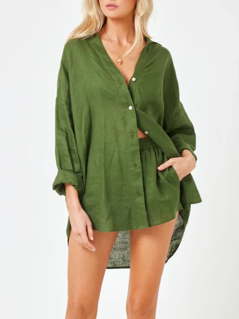 L Space - Green Linen Button Down Shirt